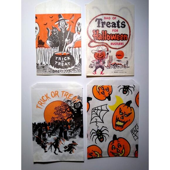 Vintage Halloween Trick Or Treat Candy Bags Cowboy Spider Witch Black Cat Lot 4 - Picture 1 of 3